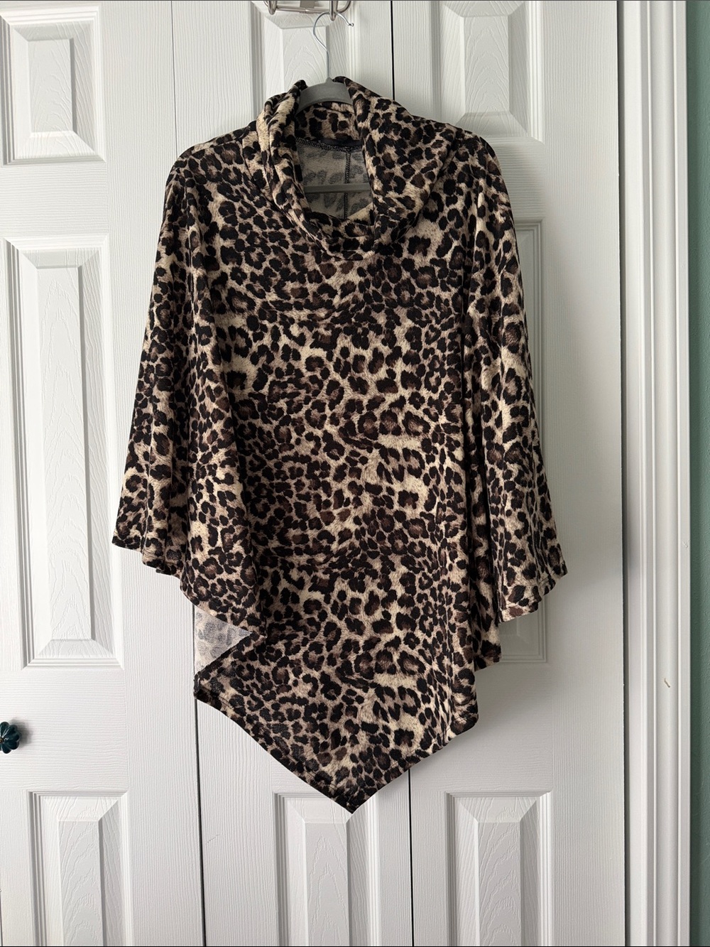 Leopard Print Cowl Neck Poncho - Taupe & Black